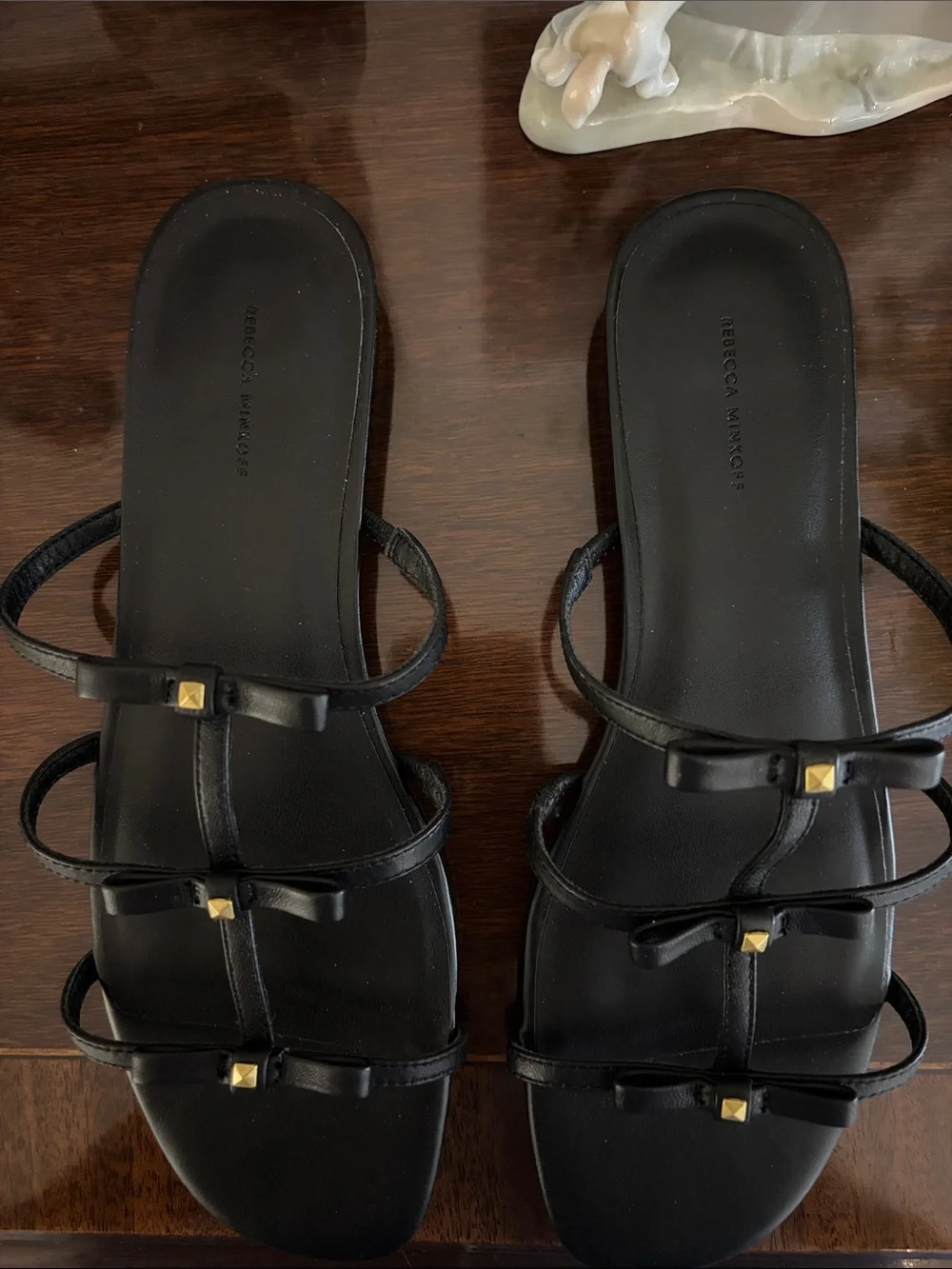Rebecca Minkoff Black Strappy Slide Sandals with Gold Studs🤩